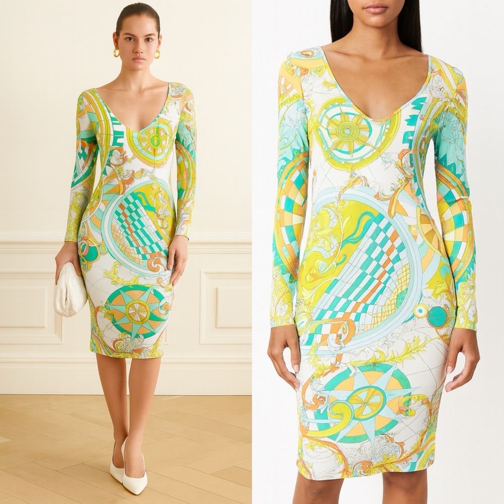 EMILIO PUCCI V-Neck Abstract Print Long Sleeve Shift Mini Dress Size IT38